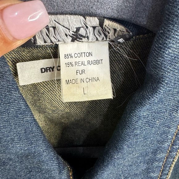 MIXIT Vintage Y2K Blue Denim Vest w/ Real Black Rabbit Fur Trim Sz Large - Picture 4 of 5